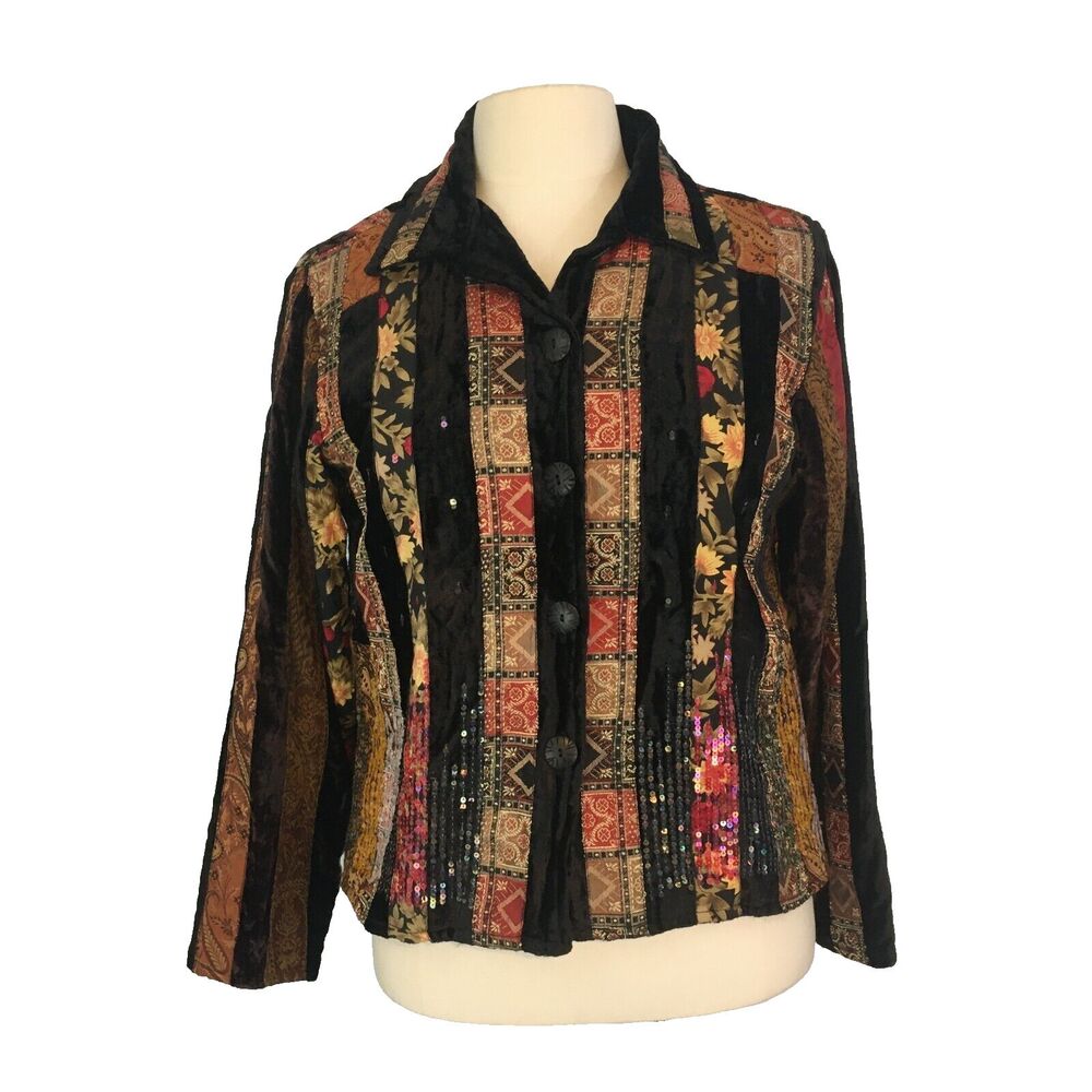 Coldwater Creek Womens Tapestry & Black Velvet Patchwork Shirt Jacket, Boho, PS